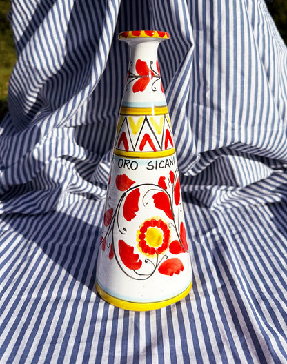 Hand-Painted Sicilian Olive Oil Bottle ~ Fiori Rossi