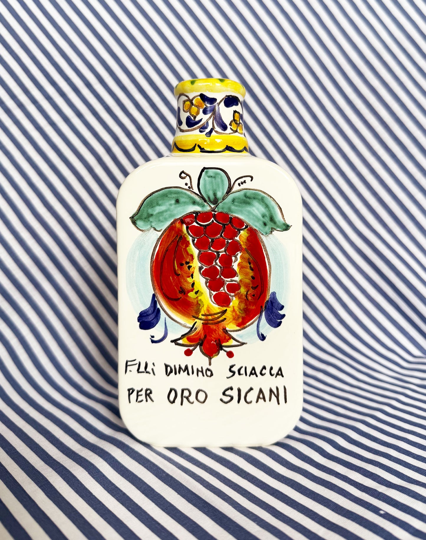 Hand-Painted Sicilian Olive Oil Bottle ~ Melograno Klein Blue