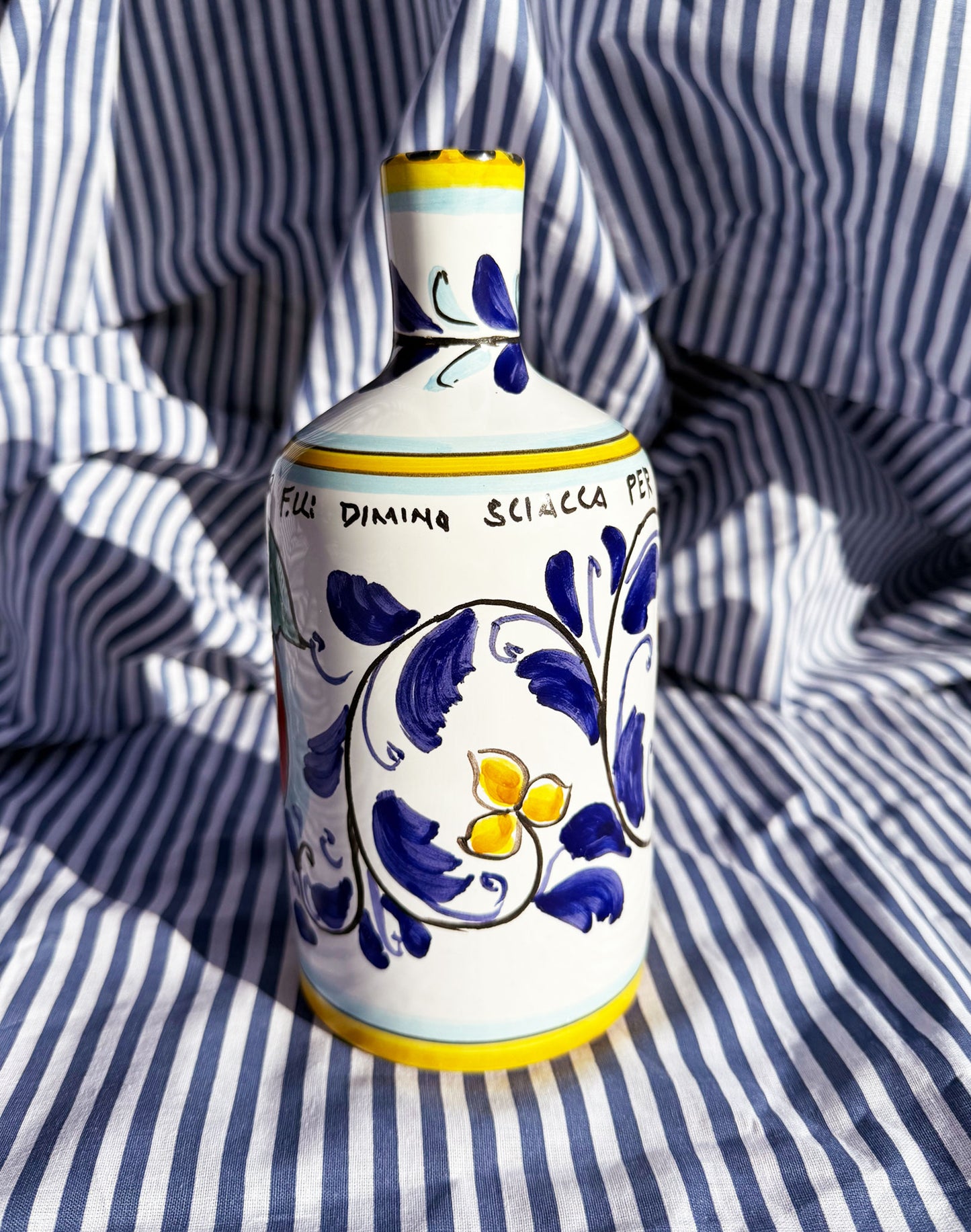 Hand-Painted Sicilian Olive Oil Bottle ~ Melograno Blu