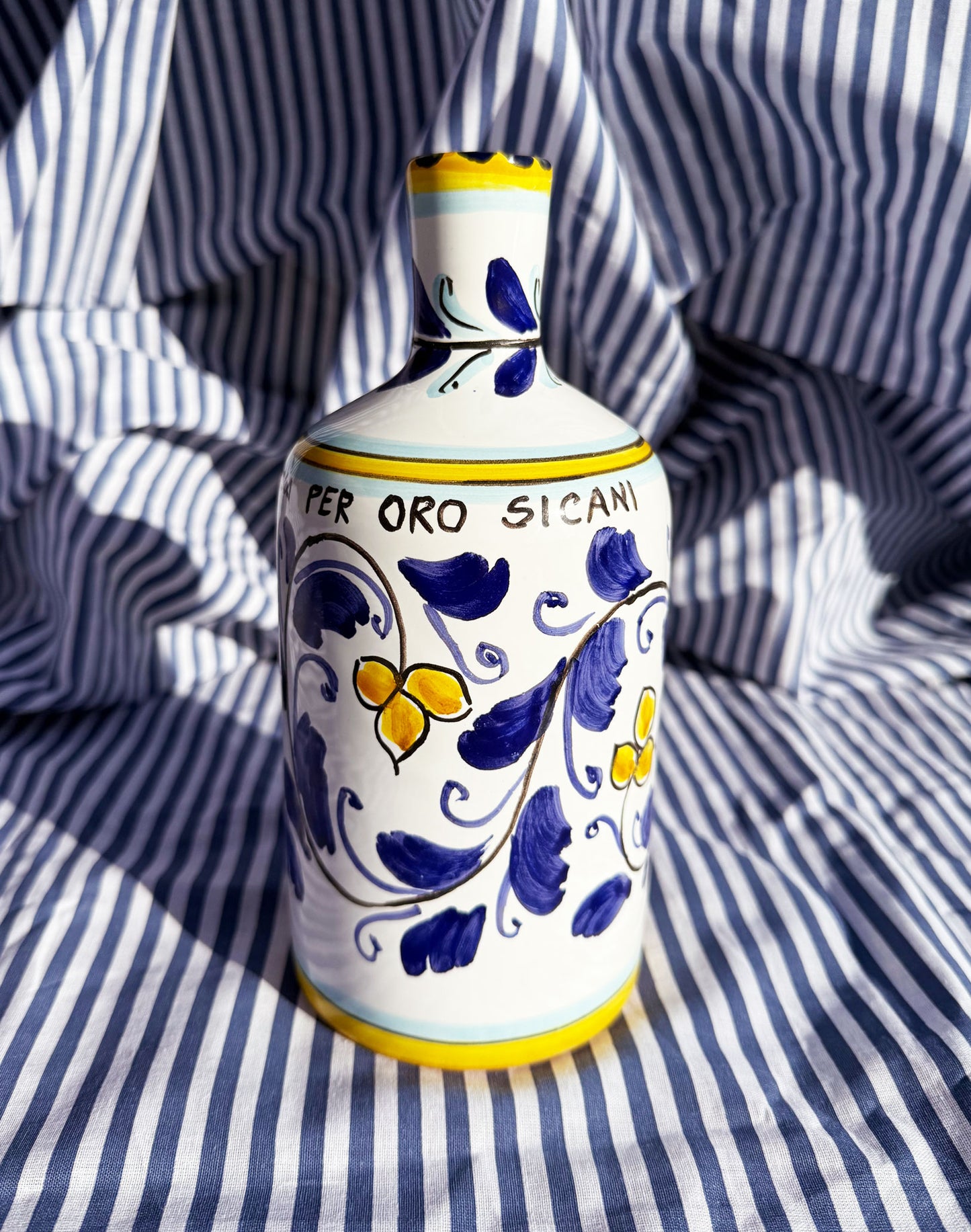 Hand-Painted Sicilian Olive Oil Bottle ~ Melograno Blu