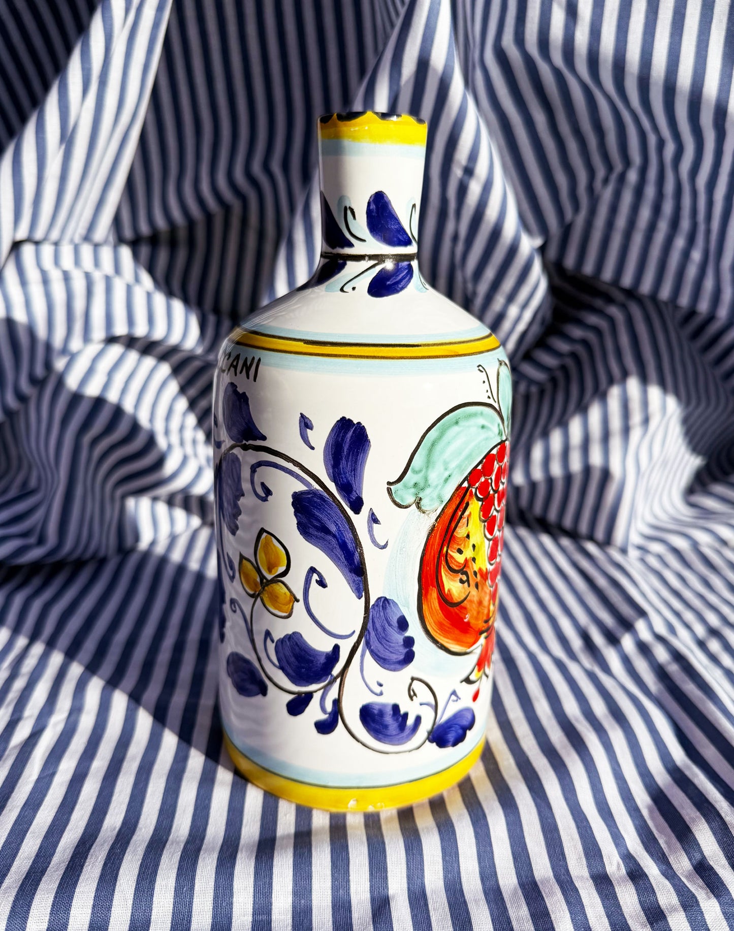 Hand-Painted Sicilian Olive Oil Bottle ~ Melograno Blu