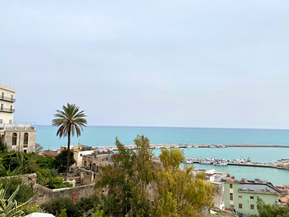 View of the coastal town, Sciacca in Sicily, Italy, with a palm tree, buildings, and a clear blue sky.