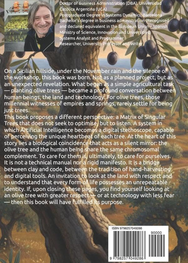 Book back cover with text blurb over an olive tree illustration in the background.