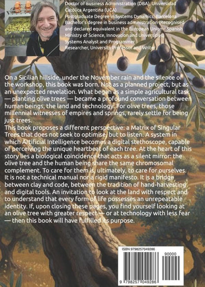 Book back cover with text blurb over an olive tree illustration in the background.