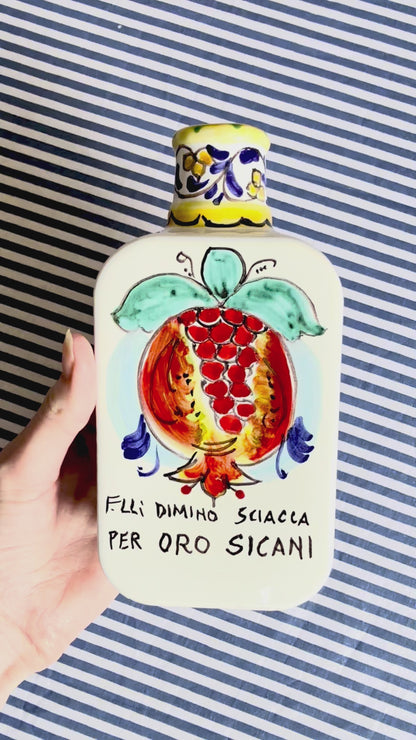 Hand-Painted Sicilian Olive Oil Bottle ~ Melograno Klein Blue